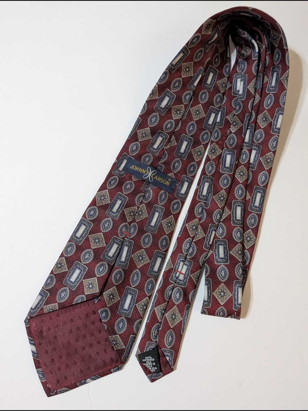 Johnny Carson Vintage Burgundy Geometric Pattern Silk Tie